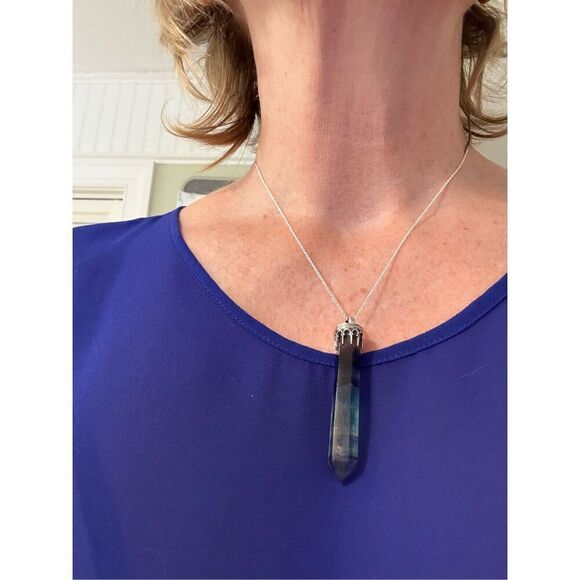 Necklace, Purple and Green Fluorite Pendant, Sterling Silver, NEW, Handmade, 18” - Picture 5 of 6